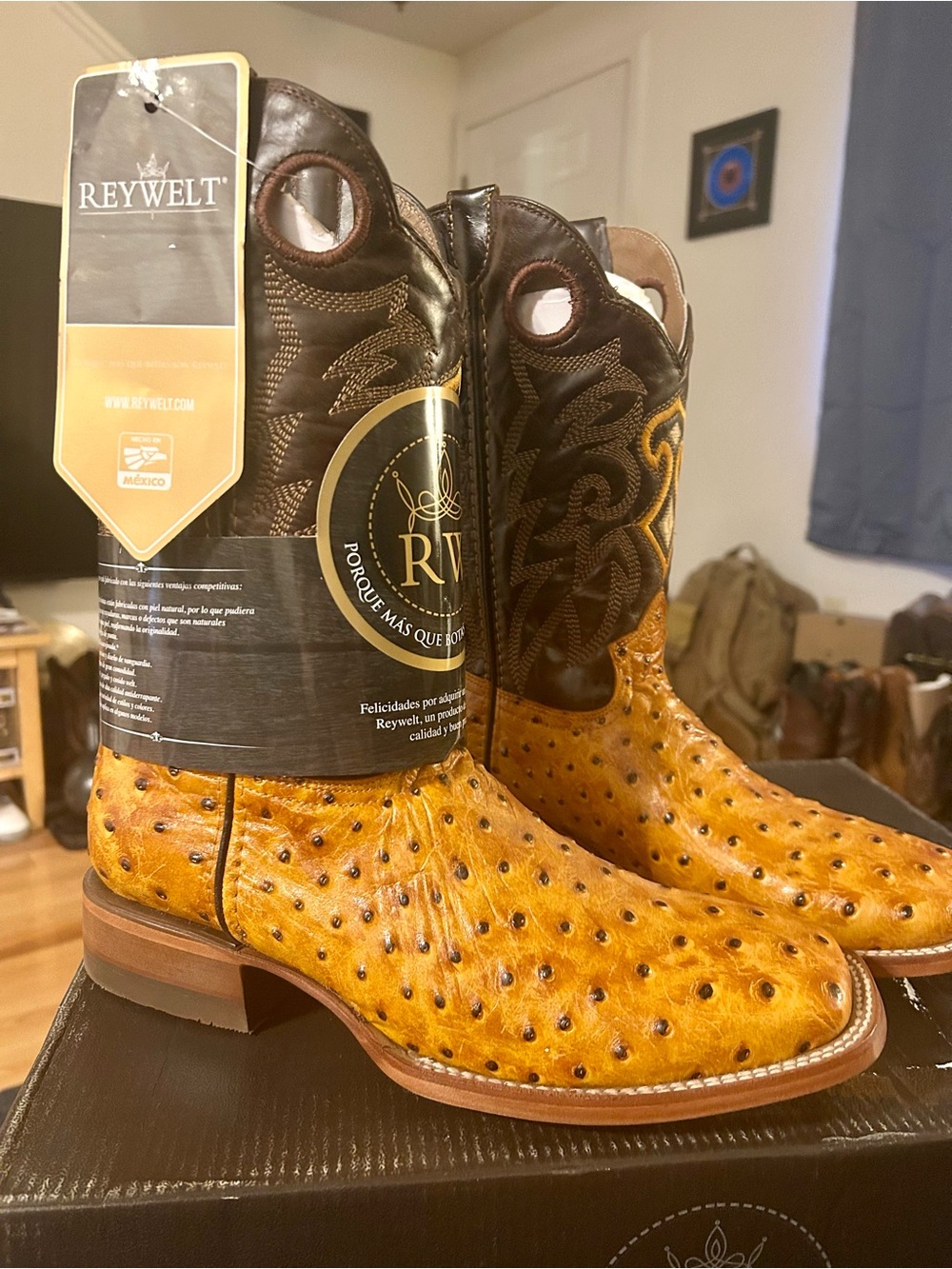 Reywelt Men’s Two-Tone Ostrich Print Cowboy Boots - Brown/Tan